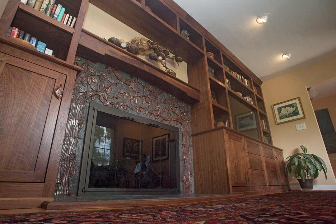 Ron Roman Studios, Custom Fine Woodworking, Walnut Built-in Bookcase and Entertainment Center